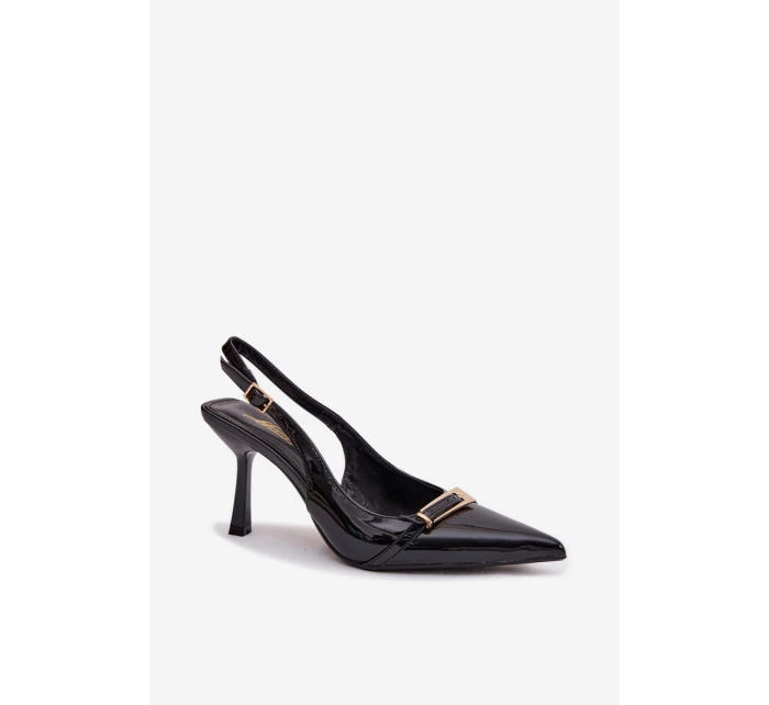 Lakované dámské sandály na podpatku se zlatou sponou Černé Bellivra