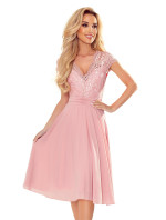 LINDA - Dámské šifonové šaty ve špinavě růžové barvě s krajkovým výstřihem 381-1