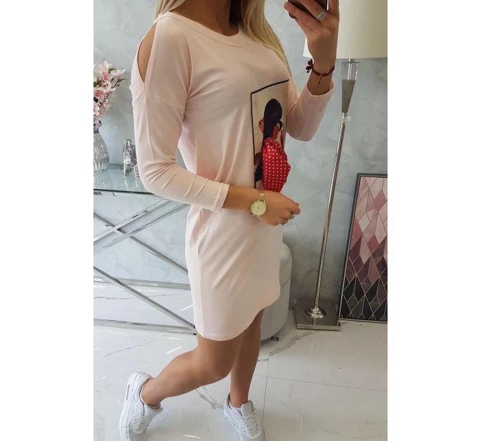 Šaty s grafikou a 3D hráškovou mašlí pudrově růžové