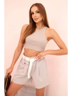 Dámské šortky s vysokým pasem a páskem tmavě béžové