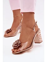 Průhledné sandály na podpatku s krystaly model 22133634 Růžové Zlaté - D&A