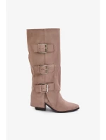 Kozačky Na Podpatku S Ohnutou Holení A Přezkami Béžové Vamissa Kozačky Na Podpatku S Ohnutou Holení A Přezkami Béžové Vamissa