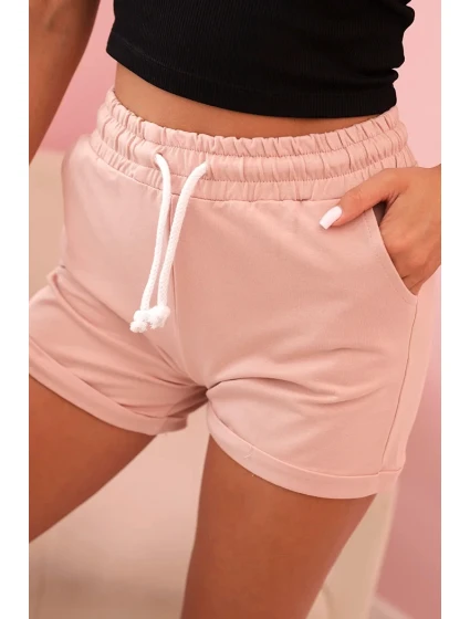 Dámské bavlněné šortky s gumou a zavazováním v pase tmavě pudrově růžové