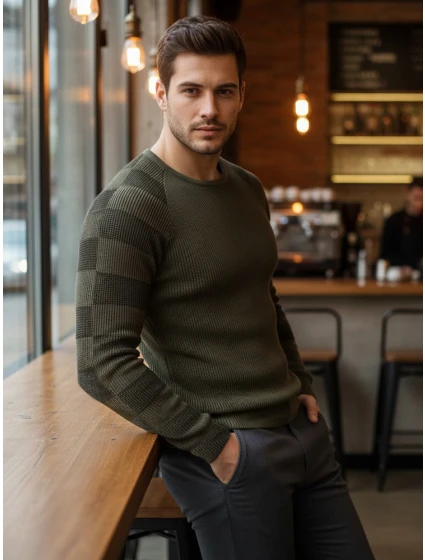 Pánský khaki svetr FashionStreet WX1637 Pánský khaki svetr FashionStreet WX1637