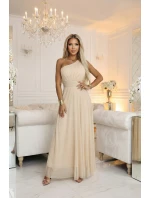 656-2 Dlouhé třpytivé večerní šaty na jedno rameno - šampaňsko-béžové