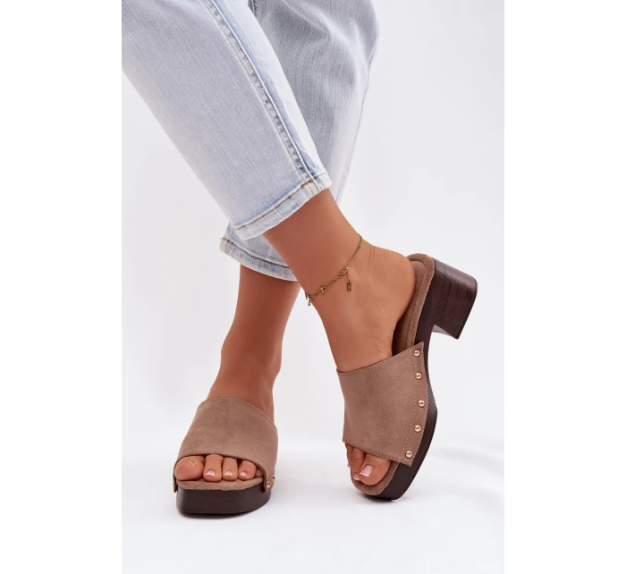 Dámské pantofle na klínku s zlatými sponami tmavě béžové Davessa