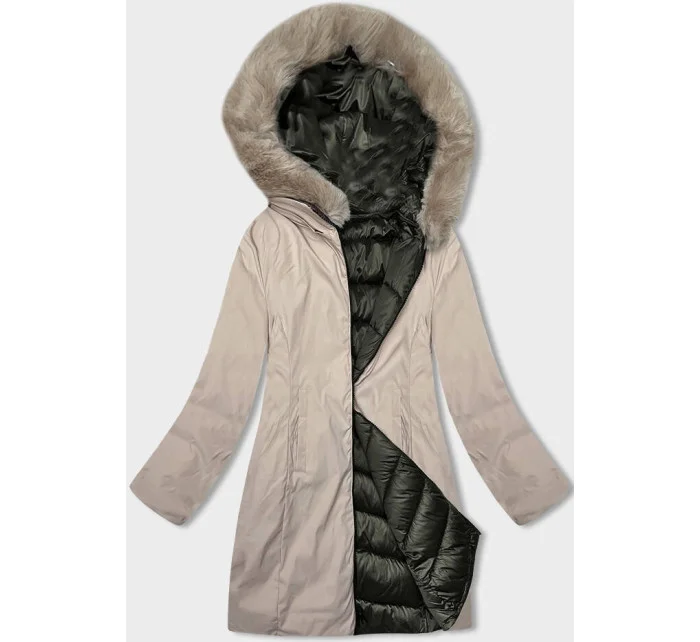 Khaki-béžová dámská oboustranná zimní bunda s kapucí (B8202-11046)