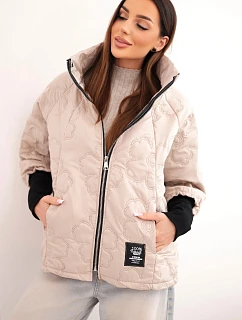 Dámská jarní prošívaná bunda se zdobným ražením a zipem tmavě béžová
