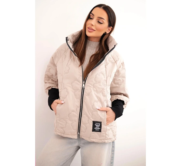 Dámská jarní prošívaná bunda se  a zipem tmavě béžová model 22040186 - K-Fashion