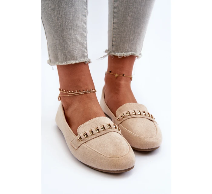 Lesklé dámské mokasíny s řetízkem béžové model 21656883 - Boto