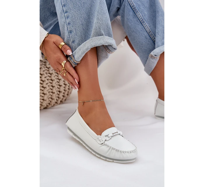 Plné Kožené Mokasíny S Dekorací model 21686028 Bílé - S.Barski Plné Kožené Mokasíny S Dekorací model 21686028 Bílé - S.Barski