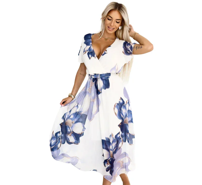 Vzdušné midi šaty s obálkovým výstřihem a velkým květinovým vzorem v model 21819836 - numoco basic Vzdušné midi šaty s obálkovým výstřihem a velkým květinovým vzorem v model 21819836 - numoco basic