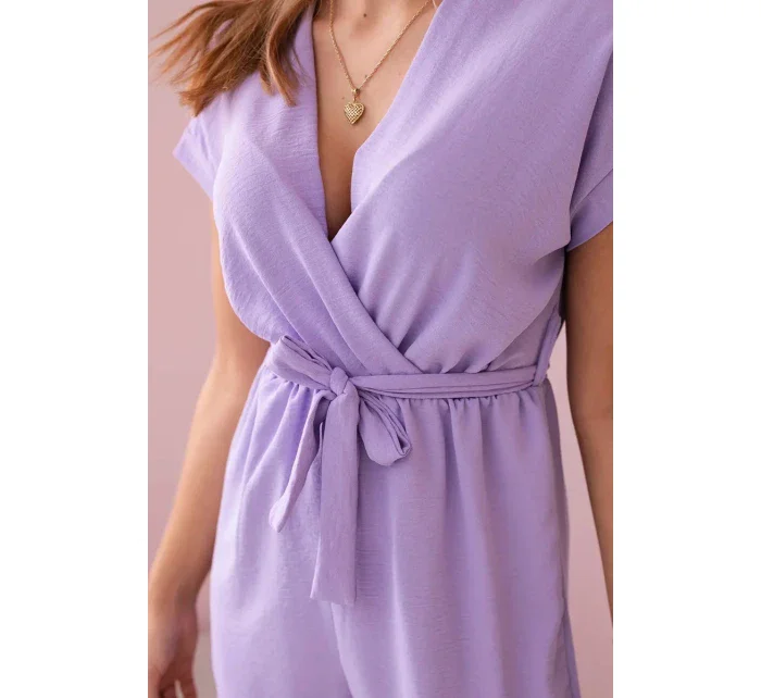 Krátký overal zavazovaný v pase světle fialová