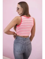 Top dámský pruhovaný s ozdobným zlatým detailem a hlubokým výstřihem růžový neon