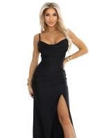 Dlouhé saténové šaty s rozparkem na nohou černé model 21484478 - numoco basic