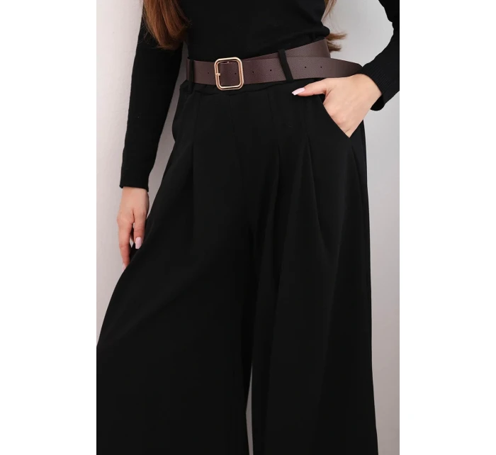 Dámské kalhoty s širokými nohavicemi a pásem černé Dámské kalhoty s širokými nohavicemi a pásem černé