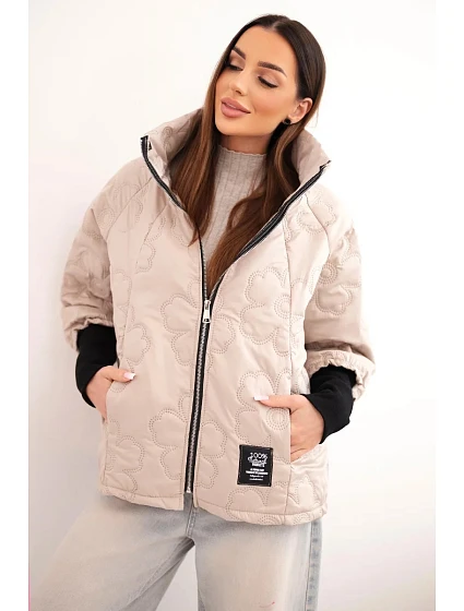 Dámská jarní prošívaná bunda se  a zipem tmavě béžová model 22040186 - K-Fashion