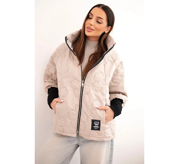 Dámská jarní prošívaná bunda se  a zipem tmavě béžová model 22040186 - K-Fashion