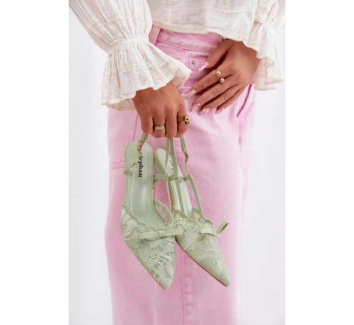 Krajkové dámské sandály na podpatku s mašlí zelené model 22107310 - Boto