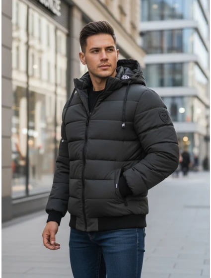 Pánská tmavě šedá prošívaná zimní bunda s kapucí FashionStreet TX5095