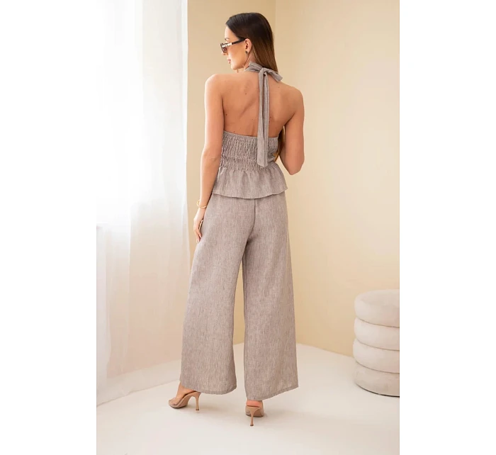 Dámský viskózový komplet: zavazovací top a kalhoty se širokou nohavicí fango Dámský viskózový komplet: zavazovací top a kalhoty se širokou nohavicí fango
