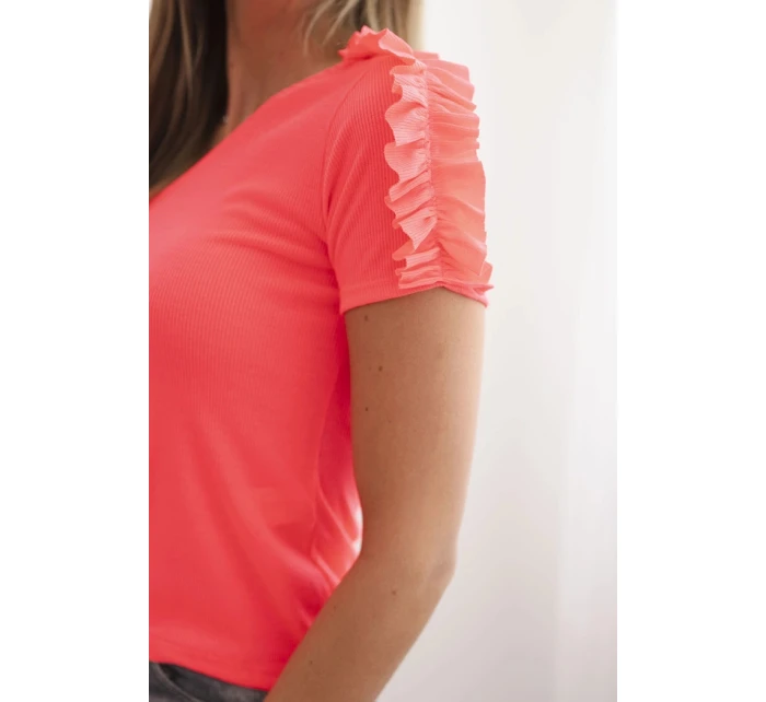 Dámská bavlněná blůza na jedno rameno s volánem růžová neon Dámská bavlněná blůza na jedno rameno s volánem růžová neon