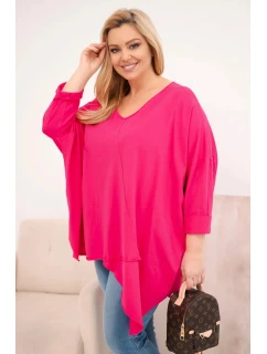 Dámská bavlněná blůza Plus Size s asymetrickým spodním lemem a výstřihem do V fuchsie