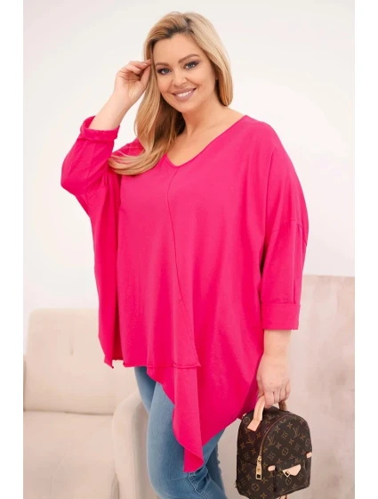 Dámská bavlněná blůza Plus Size s asymetrickým spodním lemem a výstřihem do V fuchsie