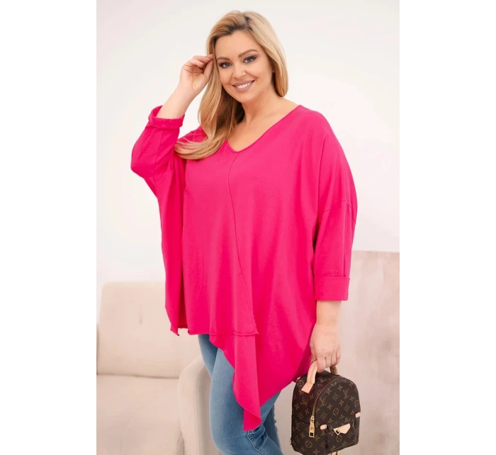 Dámská bavlněná blůza Plus Size s asymetrickým spodním lemem a výstřihem do V fuchsie