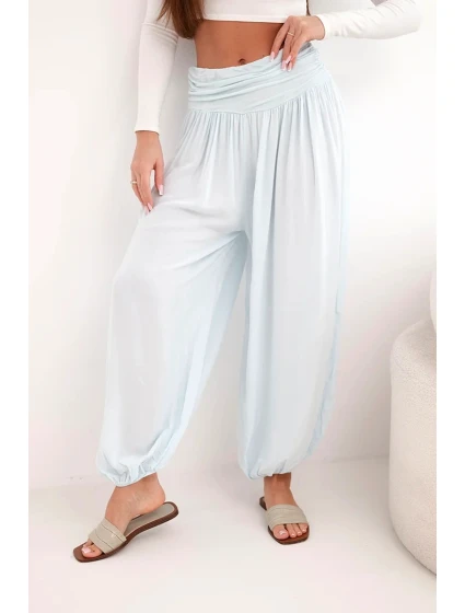 Dámské viskózové kalhoty se širokou nohavicí a nařasením modré Dámské viskózové kalhoty se širokou nohavicí a nařasením modré