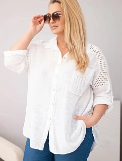 Dámská viskózová košile Plus Size s límečkem a model 22043034 vsadkou bílá - K-Fashion