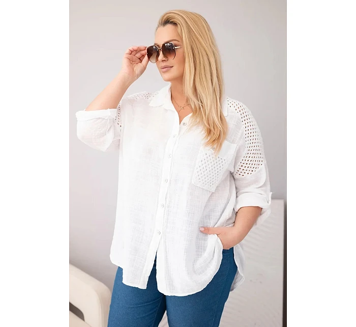 Dámská viskózová košile Plus Size s límečkem a model 22043034 vsadkou bílá - K-Fashion