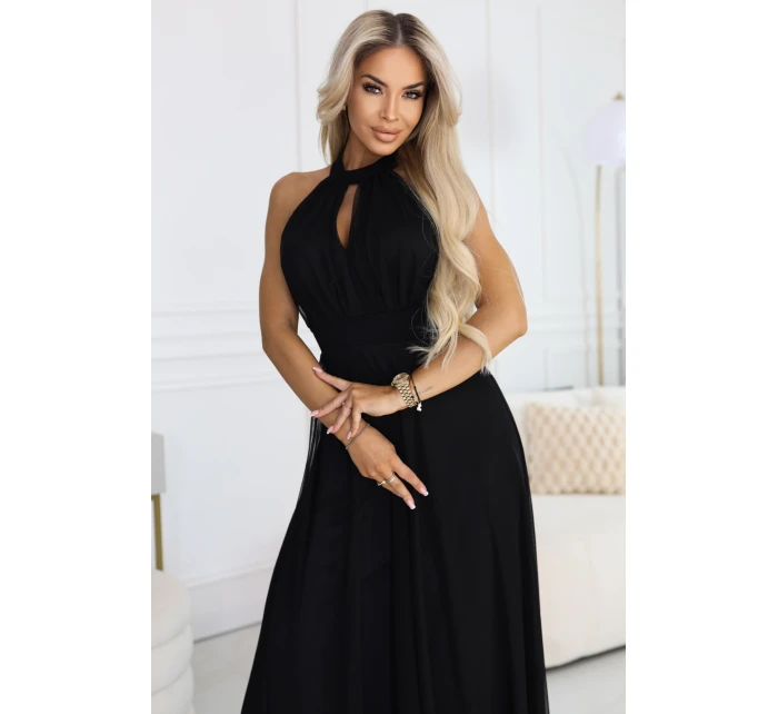 Elegantní maxi večerní šaty na ramínka s a zavazováním v pase černé model 21961746 - numoco basic