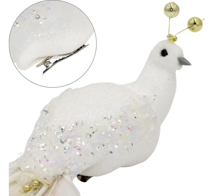OZDOBNÝ PTÁČEK NA KLIPU 38CM BÍLÝ A ZLATÝ