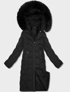 Dlouhá černá dámská bunda s kapucí (7665#-F06)