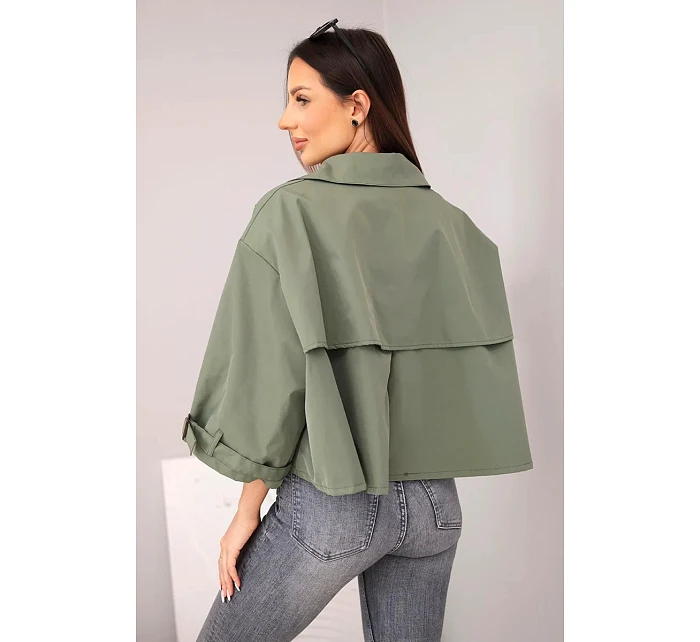 Dámská jarní bavlněná bunda zapínaná na knoflíky s límcem khaki