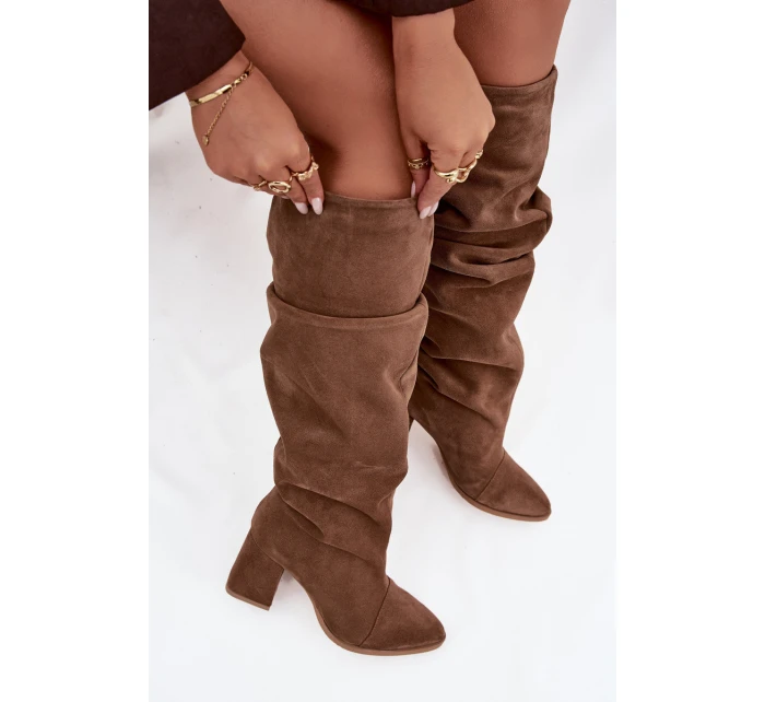 Dámské zateplené kozačky na podpatku Zazoo – světle hnědé, pravý semiš