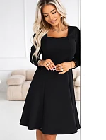 574-3 IVANA pohodlné trapézové šaty s výstřihem a dlouhými rukávy - černé