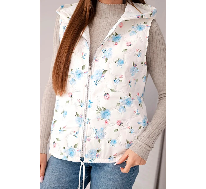 Dámská prošívaná vesta s kapucí s květinovým vzorem modrá