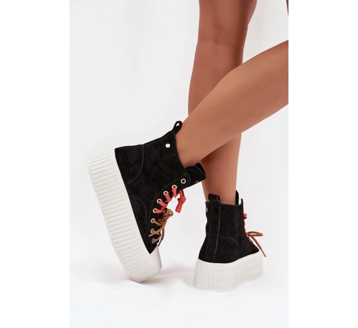 Dámské zateplené semišové trampky na masivní platformě GOE – černé