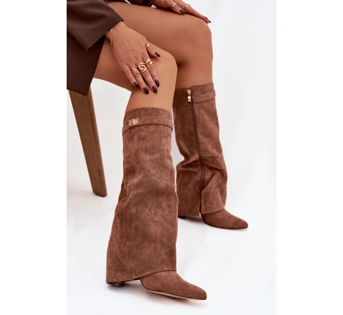 Dámské zateplené kozačky na podpatku s vyhrnutou horní částí Evyra – tmavě béžové, eko semiš