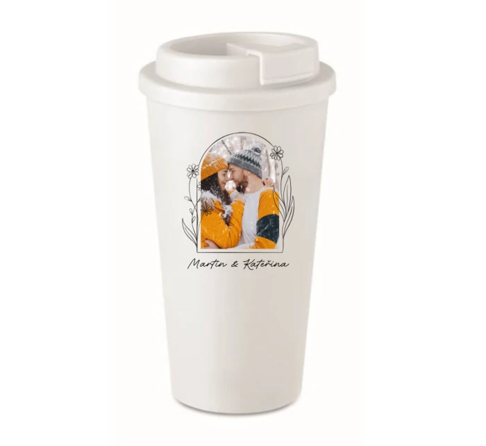 Personalizovaný cestovní termohrnek s květinový ohraničením 