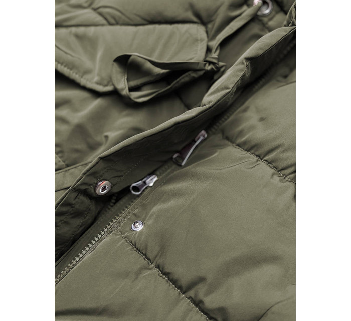 Dlouhá zimní bunda v khaki barvě s kožešinovým límcem (J9-071)