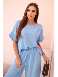 Dámský komplet z viskózy s ozdobným květem a širokými kalhotami - modrý