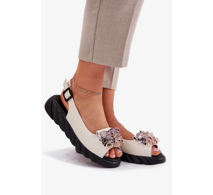 Kožené Dámské Sandály S Krystaly Béžové Artiker 54C1627