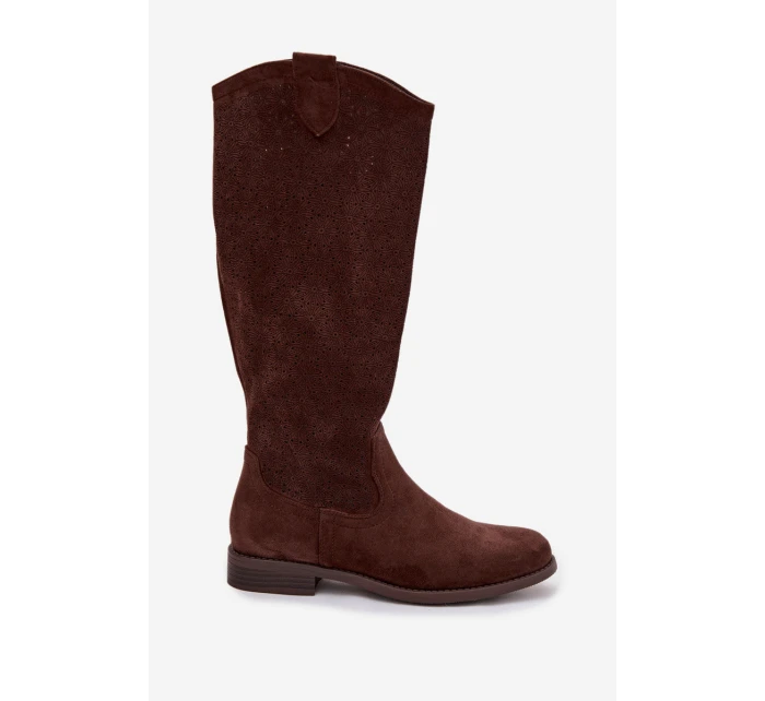 Dámské kozačky s krajkovým vzorem na nízkém podpatku S.Barski HY61-8022 Čokoládové