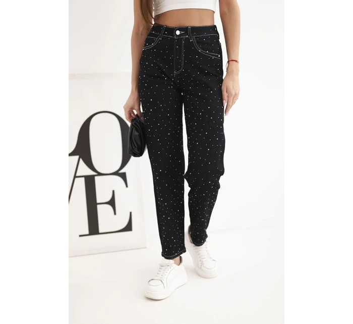 Dámské džíny s vysokým pasem a ozdobami černé