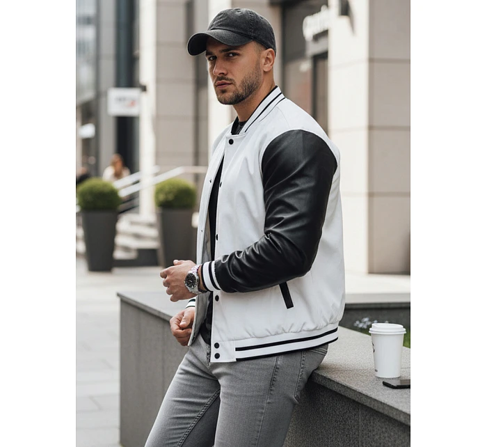 Pánská kožená baseballová bunda v barvě ecru FashionStreet TX4708