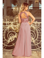 LEA - Dlouhé dámské šaty v barvě taupe bez rukávů, s vyšívaným výstřihem 215-5