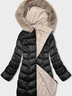Černo-béžová dámská zimní oboustranná bunda s kapucí (B8202-1046)